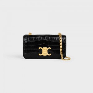 Celine Chain Shoulder Bag In Niloticus Crocodile Triomphe Siyah | CL-593235