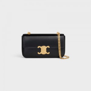 Celine Chain Shoulder Bag In Shiny Calfskin Triomphe Siyah | CL-593226