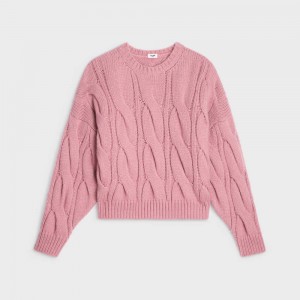 Celine Crew Neck In Cable-knit Cashmere And Silk Triko Pembe | CL-592707