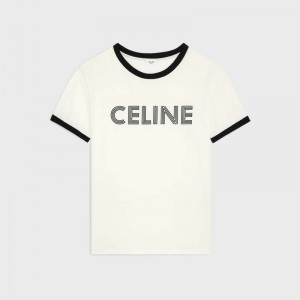 Celine Loose In Pamuklu Jersey T-shirt Beyaz Siyah | CL-592125