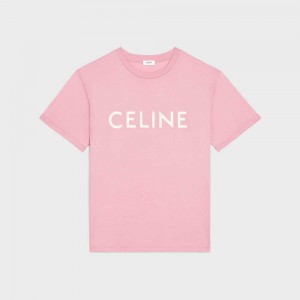 Celine Loose In Pamuklu Jersey T-shirt Pembe Beyaz | CL-592794