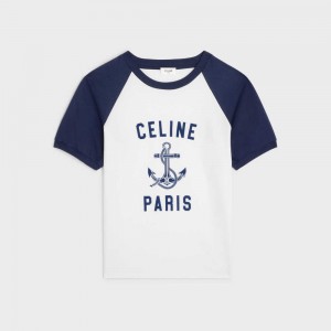 Celine Paris Anchor In Pamuklu Jersey T-shirt Beyaz Lacivert | CL-592784