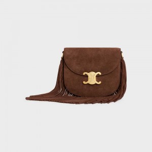 Celine Teen Besace With Fringes In Süet Calfskin Triomphe Kahverengi | CL-593221