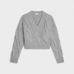 Celine V-neck In Cable-knit Cashmere And Silk Triko Açık Gri | CL-592705