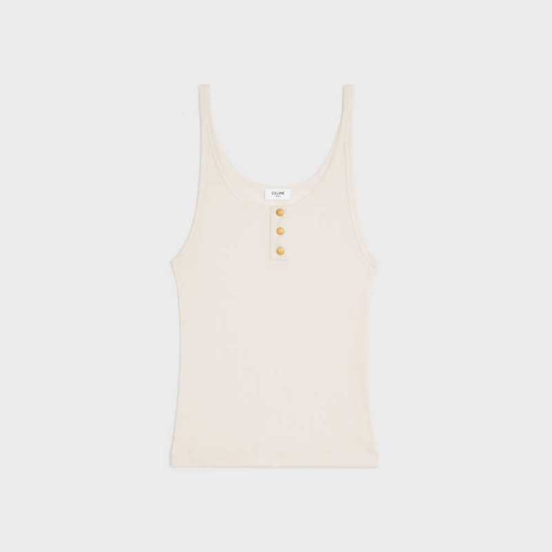 Celine Buttoned Tank In Nervürlü Silk Jersey Üstler Beyaz | CL-592839