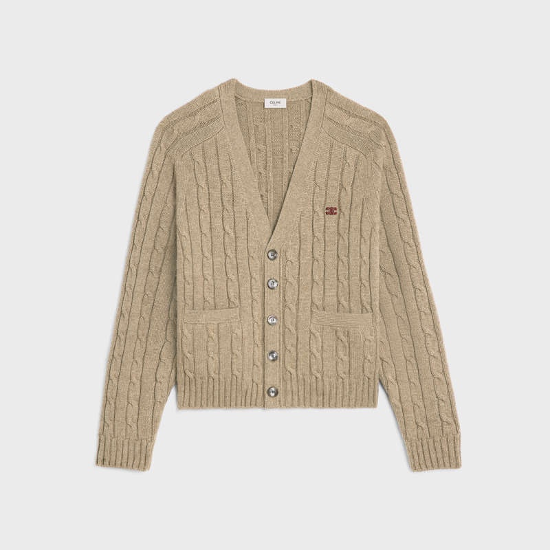 Celine Cable-knit Triomphe Cardigan In Cashmere Triko Açık Gri Kahverengi | CL-592084