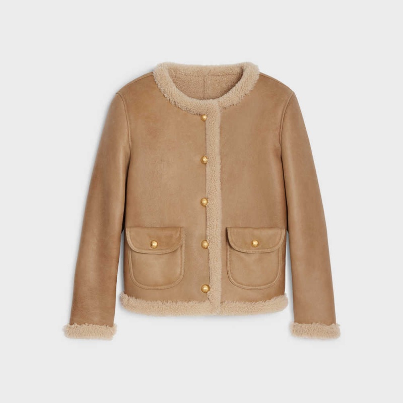 Celine Cardigan In Curly Shearling Leather Kahverengi Krema | CL-592615