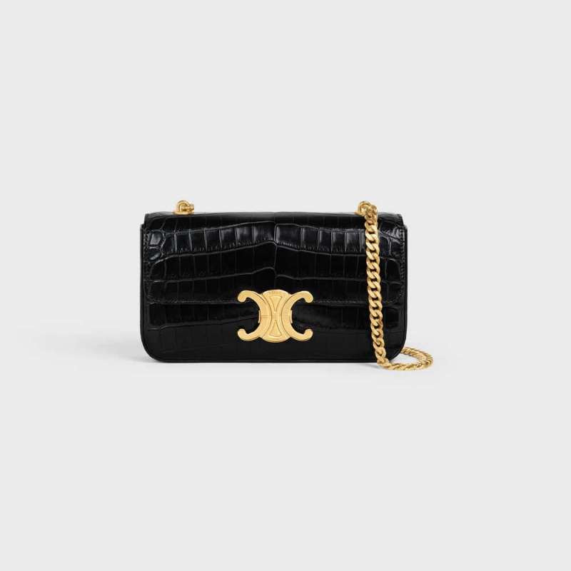 Celine Chain Shoulder Bag In Niloticus Crocodile Triomphe Siyah | CL-593235