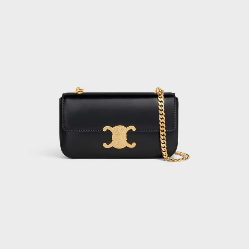 Celine Chain Shoulder Bag In Shiny Calfskin Triomphe Siyah | CL-593226