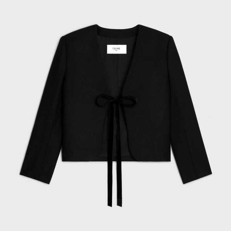 Celine Chelsea Cardigan With Bow In Flannel Cashmere Mont Siyah | CL-592648