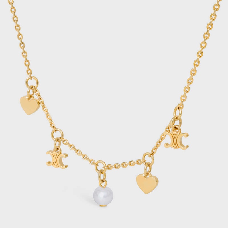 Celine CœUr Charms In Brass With Gold Finish And Resin Pearl Kolye Altın Beyaz | CL-592242