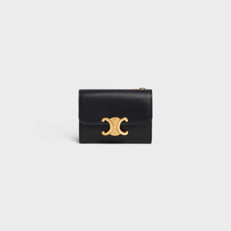 Celine Compact With Coin Triomphe In Shiny Calfskin Cüzdan Siyah | CL-592979