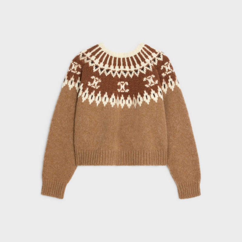 Celine Crew Neck In Triomphe Fair Isle Yün Triko Kahverengi | CL-592706