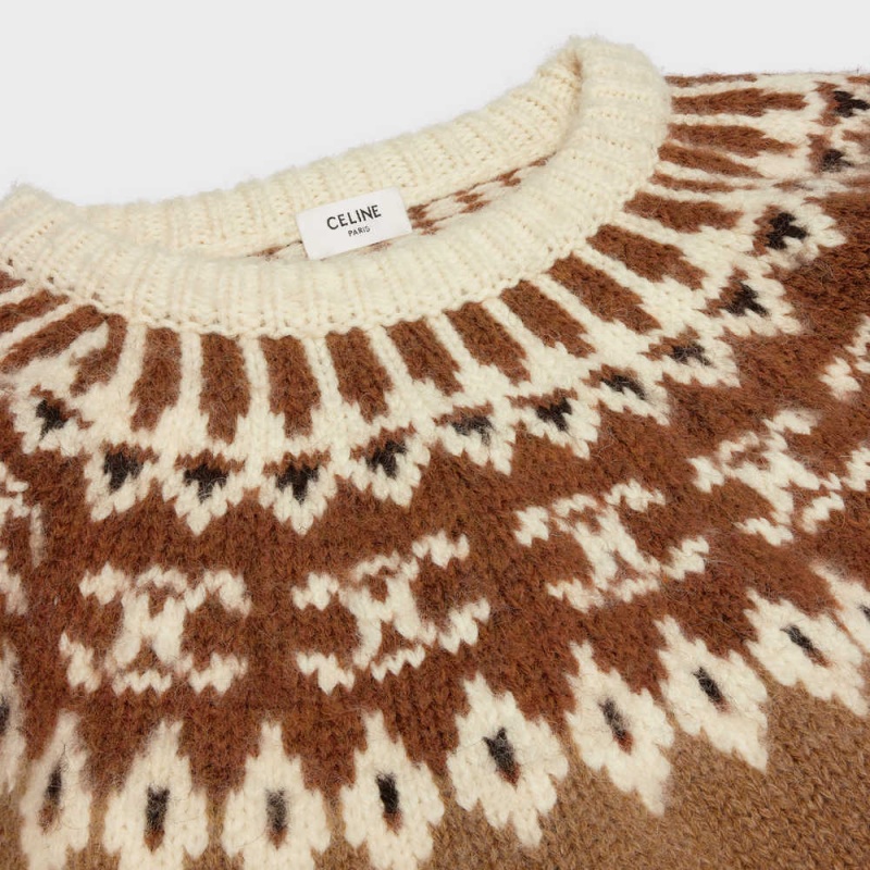 Celine Crew Neck In Triomphe Fair Isle Yün Triko Kahverengi | CL-592706