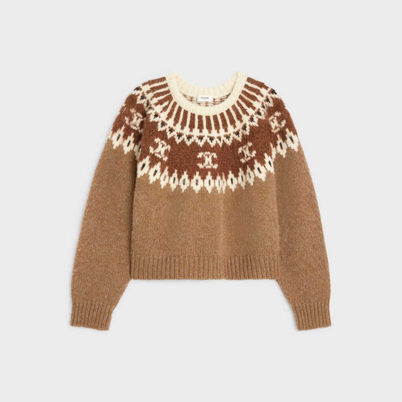 Celine Crew Neck In Triomphe Fair Isle Yün Triko Kahverengi | CL-592706