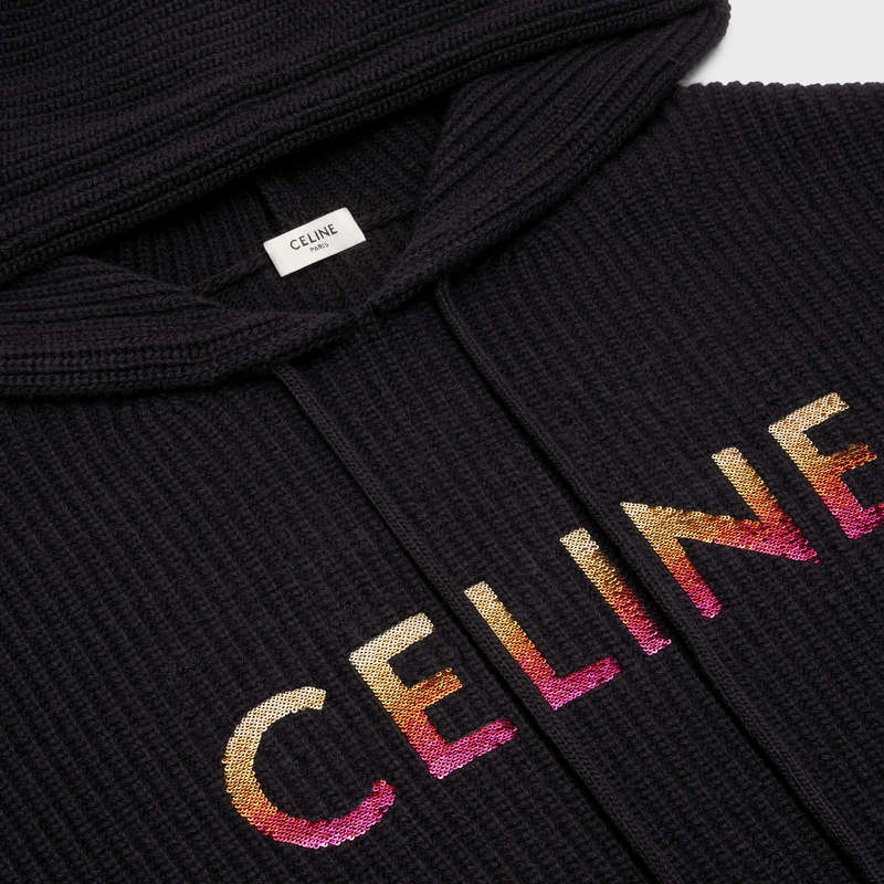 Celine Embroidered Kukuletalı In Nervürlü Yün Tişörtü Siyah | CL-592108