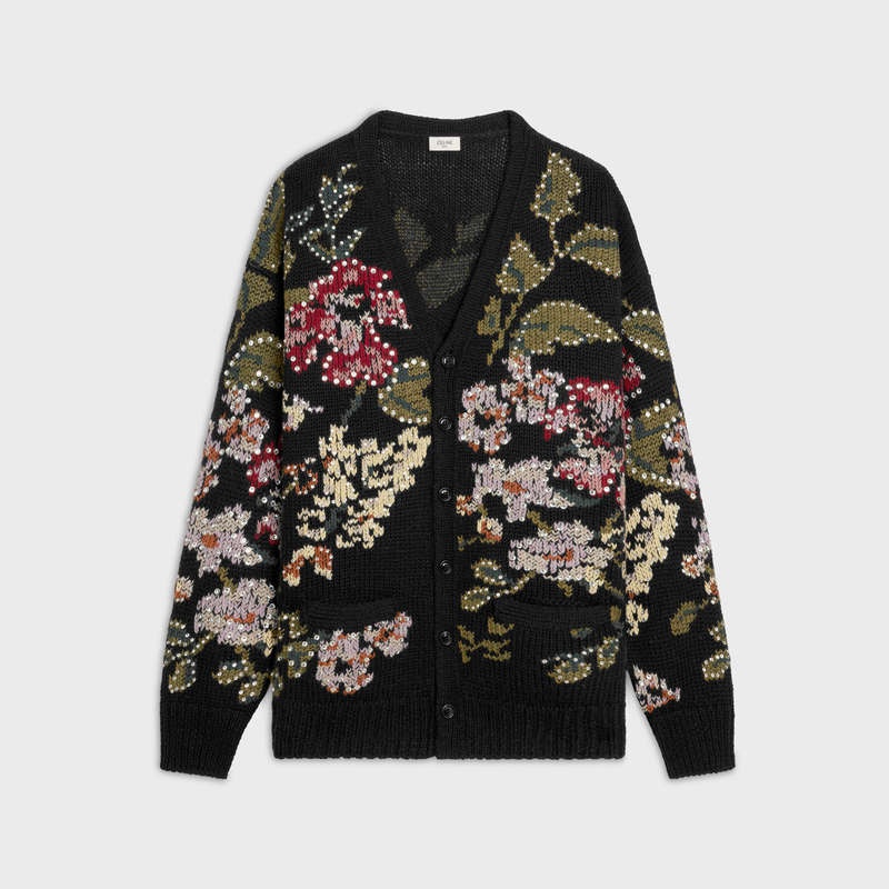 Celine Floral Embroidered Cardigan In Yün Triko Siyah | CL-592088