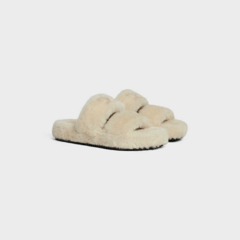 Celine Fur Slides Triomphe Open Slides In Shearling Makosen Bej Rengi Bej Rengi | CL-592538