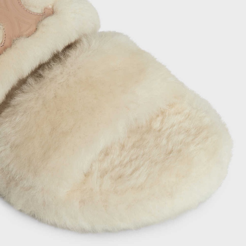 Celine Fur Slides Triomphe Open Slides In Shearling Makosen Bej Rengi Bej Rengi | CL-592538