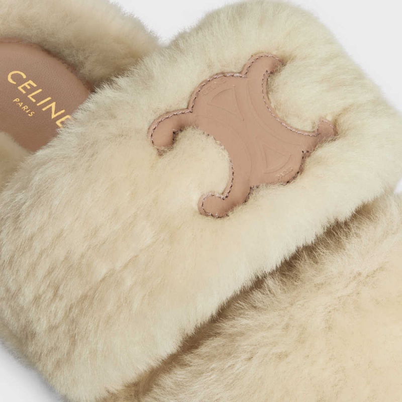 Celine Fur Slides Triomphe Open Slides In Shearling Makosen Bej Rengi Bej Rengi | CL-592538