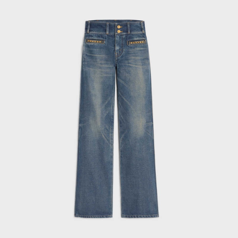 Celine Jane Flared Jeans In Dark Union Wash Denim Pantolon Koyu Açık Mavi | CL-592718