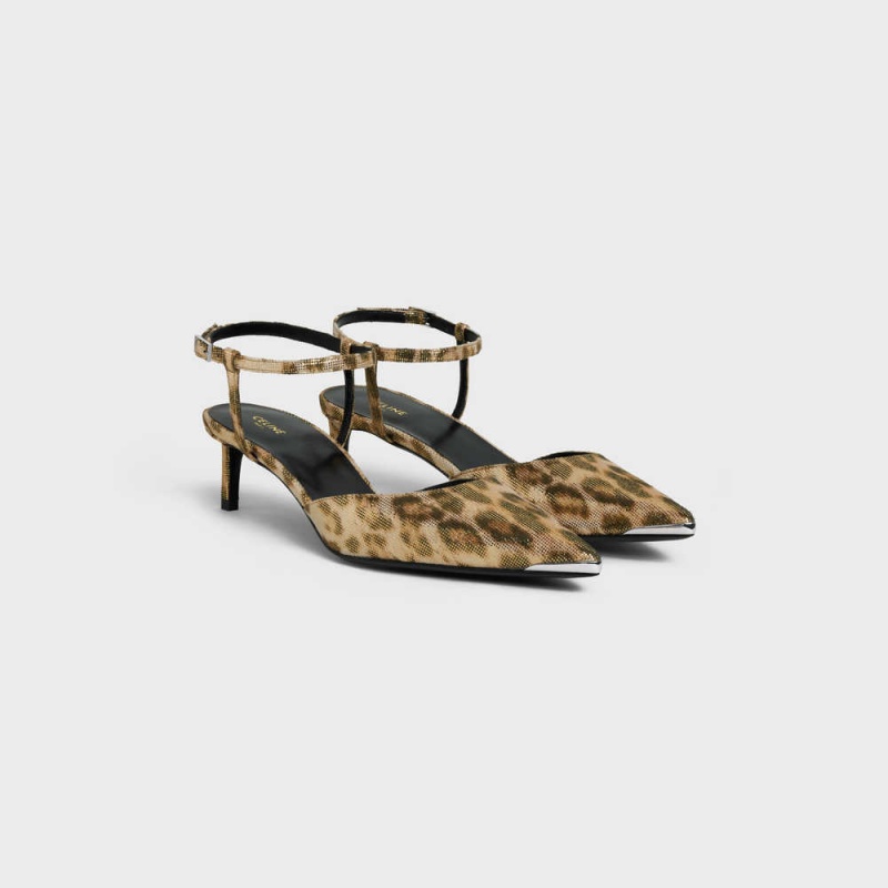 Celine Kitten With Metal Burunlu In Leopard Printed Laminated Fabric Stiletto Kahverengi Altın | CL-592563