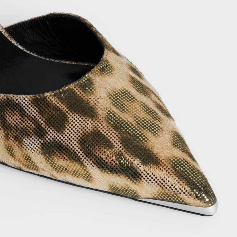 Celine Kitten With Metal Burunlu In Leopard Printed Laminated Fabric Stiletto Kahverengi Altın | CL-592563