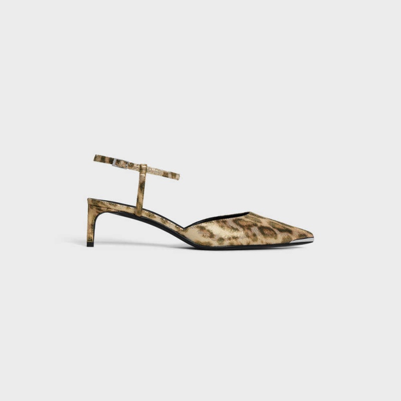 Celine Kitten With Metal Burunlu In Leopard Printed Laminated Fabric Stiletto Kahverengi Altın | CL-592563