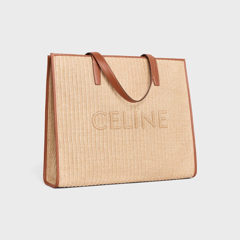 Celine Large In Raffia Effect Tekstil With Celine Embroidery Cabas Bej Rengi Kahverengi | CL-591831