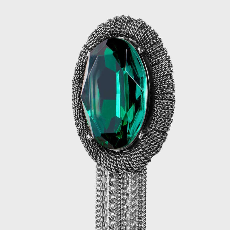 Celine Les Pierres Oval Brooch In Brass With Rhodium Finish And Green Strass Küpe Gümüş Yeşil | CL-591676