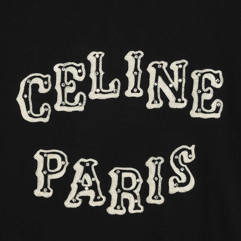 Celine Loose Embroidered In Pamuklu Jersey T-shirt Siyah Beyaz | CL-592133