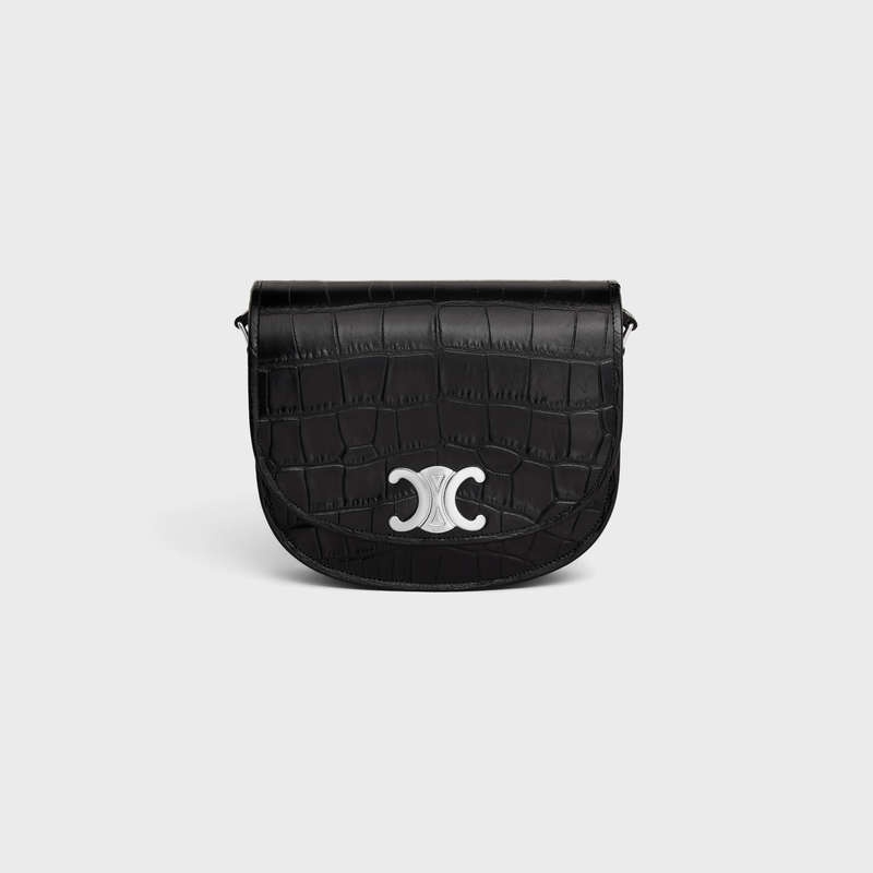 Celine Medium Besace Triomphe In Crocodile Embossed Calfskin Omuz Çantası Siyah | CL-591847