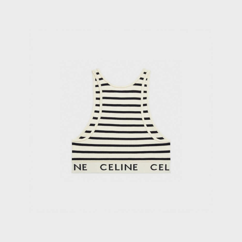 Celine Mesh Sports Bra Tişörtü Krema Lacivert | CL-592809