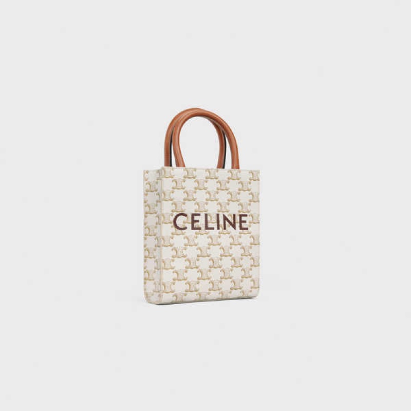 Celine Mini Vertical Cabas In And Calfskin With Print Triomphe Canvas Beyaz | CL-593136