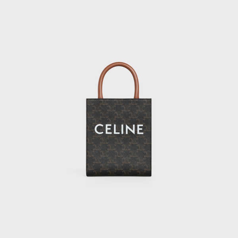 Celine Mini Vertical Cabas In And Calfskin With Print Triomphe Canvas Kahverengi | CL-593134