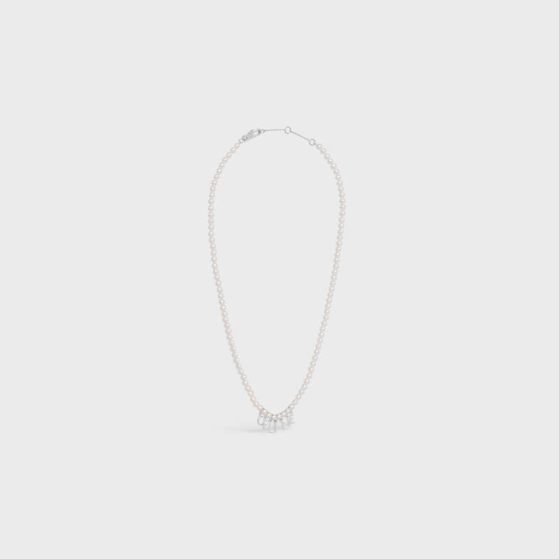 Celine Monochroms In Glass Pearls And Brass With Rhodium Finish Kolye Beyaz Gümüş | CL-591662