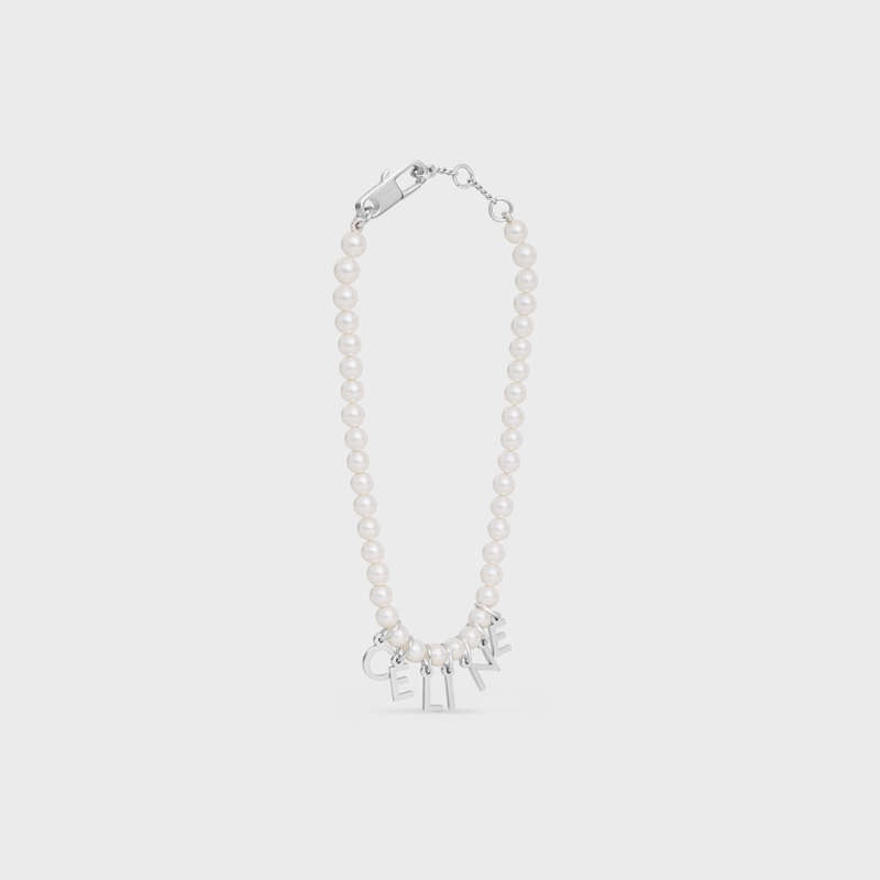 Celine Monochroms In Glass Pearls And Brass With Rhodium Finish Bilezik Beyaz Gümüş | CL-591656