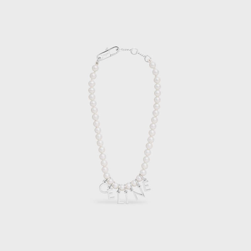 Celine Monochroms In Glass Pearls And Brass With Rhodium Finish Bilezik Beyaz Gümüş | CL-591656