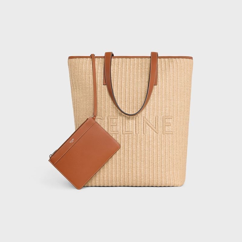 Celine Museum Bag In Raffia Effect Tekstil With Celine Embroidery Cabas Bej Rengi Kahverengi | CL-591835