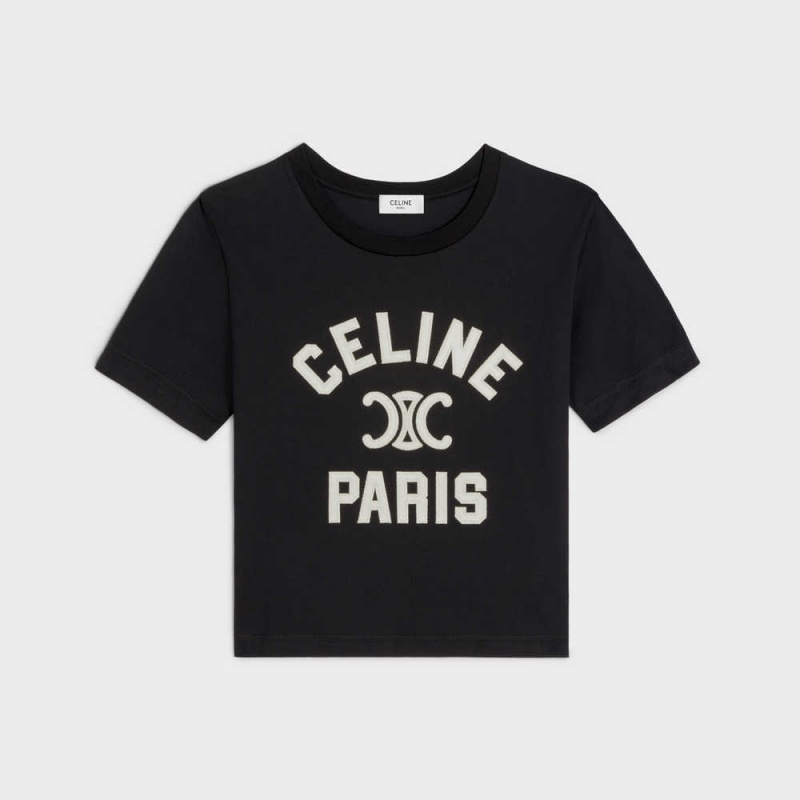 Celine Paris Boxy In Pamuklu Jersey T-shirt Siyah Beyaz | CL-592787