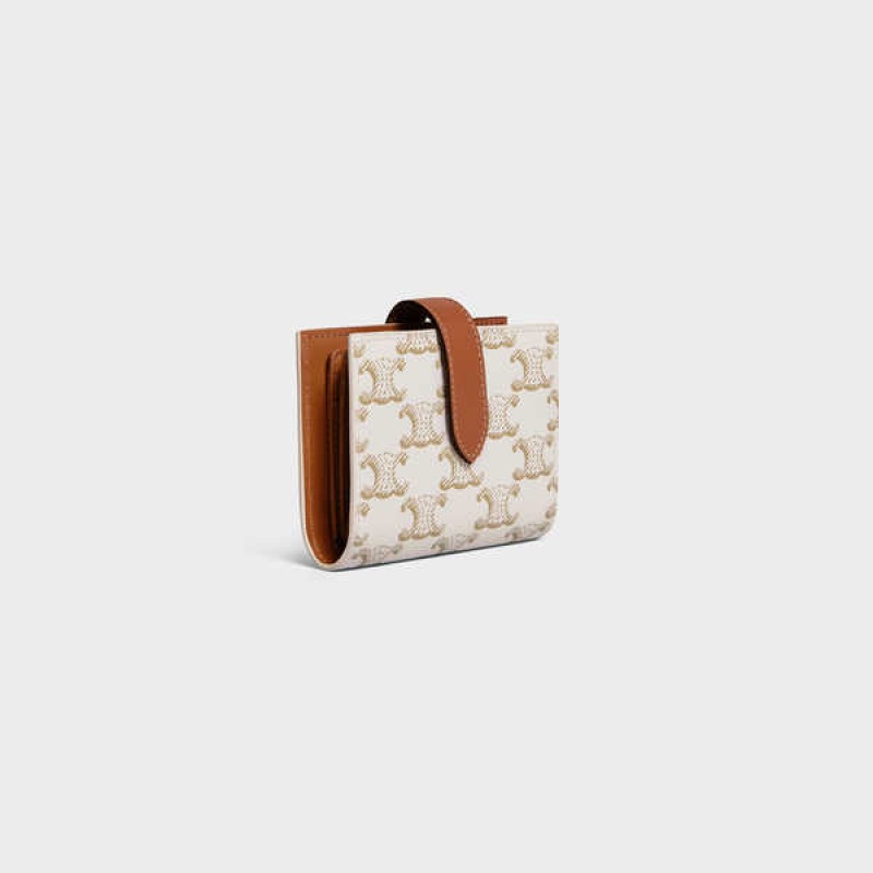 Celine Small Askılı Essentials In Triomphe Kanvas And Lambskin Cüzdan Beyaz Kahverengi | CL-592988