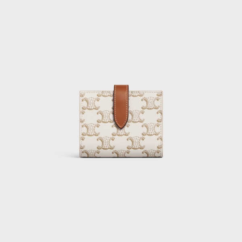 Celine Small Askılı Essentials In Triomphe Kanvas And Lambskin Cüzdan Beyaz Kahverengi | CL-592988