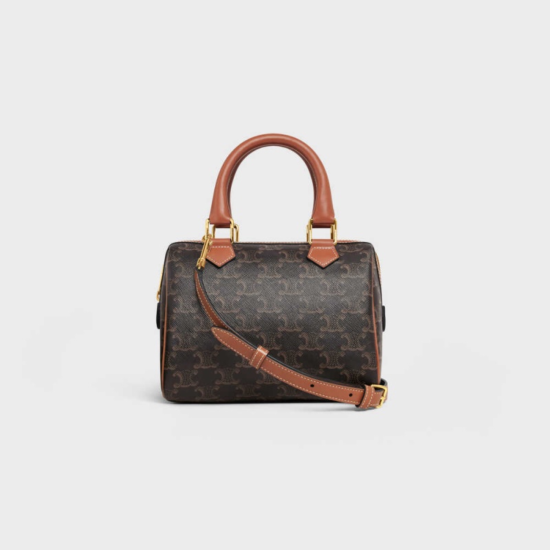 Celine Small Boston In And Calfskin Triomphe Canvas Kahverengi | CL-593132