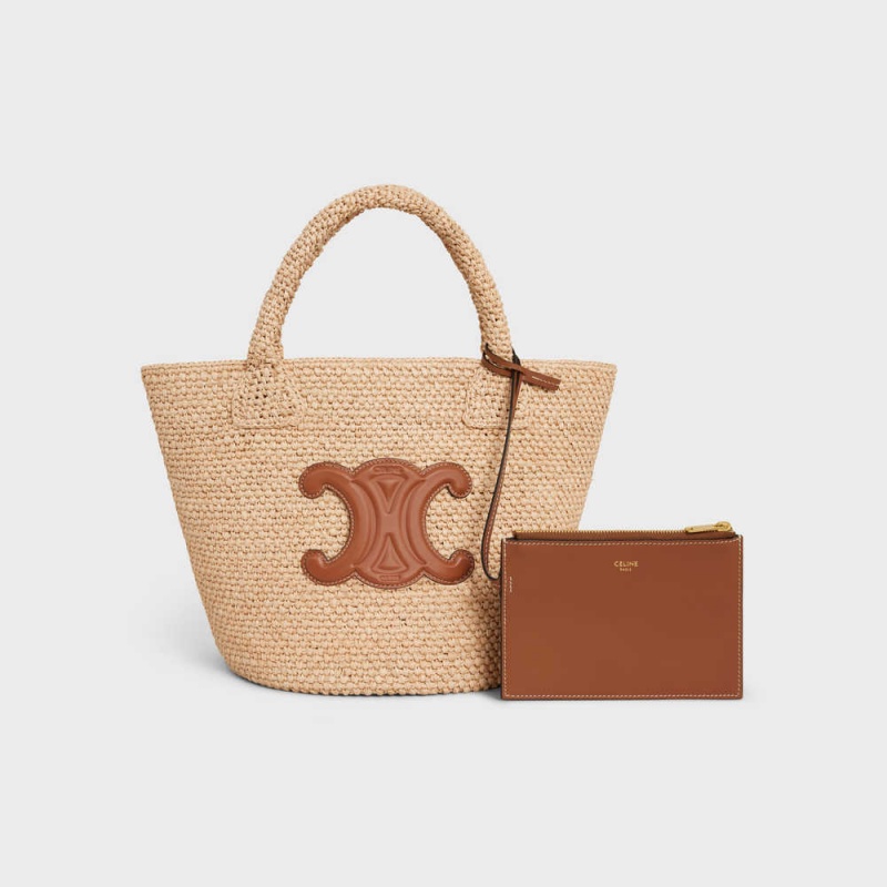 Celine Supple Small Triomphe Klasik In Raffia And Calfskin Panier Kahverengi | CL-593067