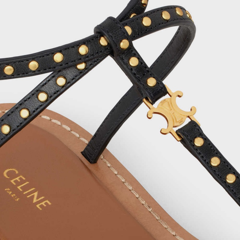 Celine Taillat Düz With Studs In Calfskin - Vegetal Tanning & Studs Sandalet Siyah | CL-592586