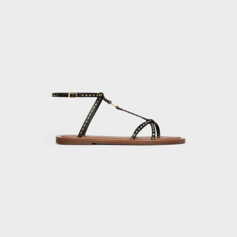 Celine Taillat Düz With Studs In Calfskin - Vegetal Tanning & Studs Sandalet Siyah | CL-592586