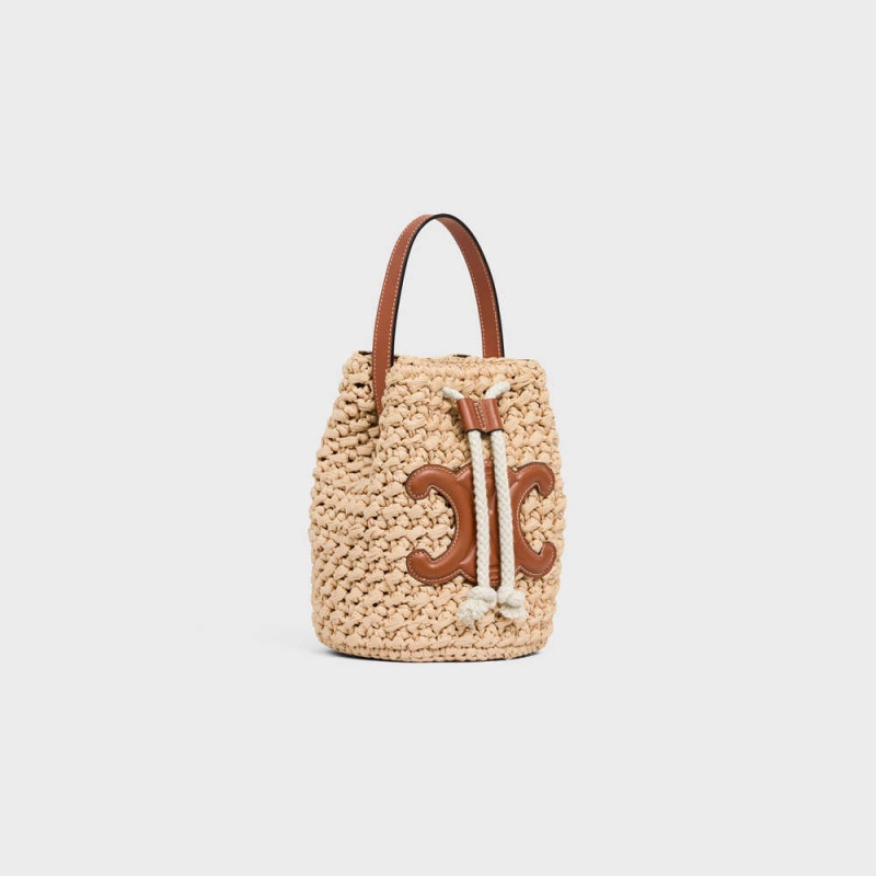 Celine Teen Drawstring In Raffia And Calfskin Panier Bej Rengi Kahverengi | CL-593071