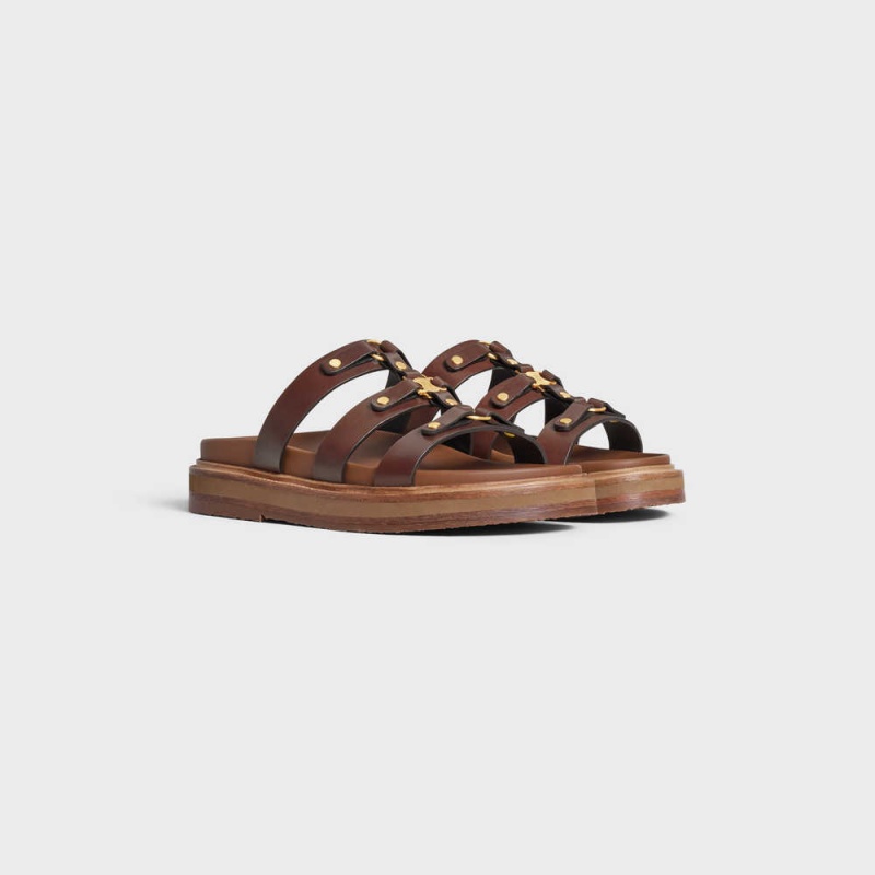 Celine Tippi Slides In Calfskin - Vegetal Tanning Sandalet Koyu Kahverengi | CL-592604