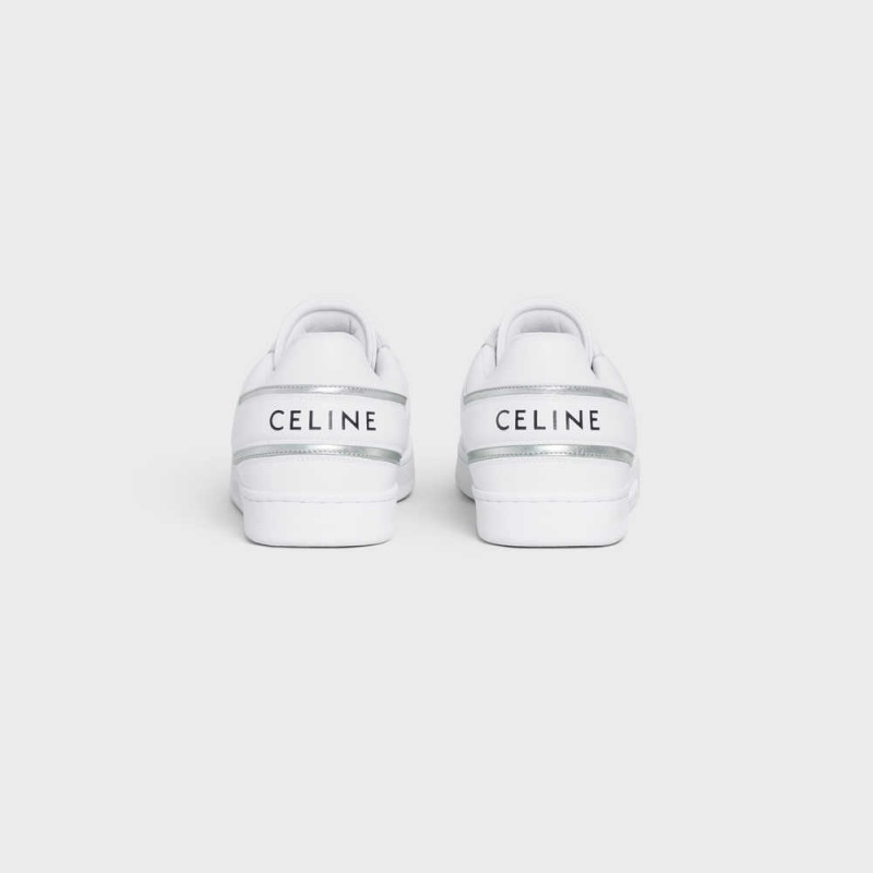 Celine Trainer Low Dantel-up In Calfskin & Laminated Calfskin Spor Ayakkabı Beyaz Gümüş | CL-592550