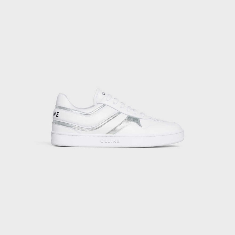 Celine Trainer Low Dantel-up In Calfskin & Laminated Calfskin Spor Ayakkabı Beyaz Gümüş | CL-592550